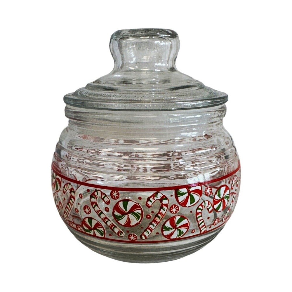 Greenbrier Christmas Candy Cane Peppermint Glass Candy Jar With Lid 4"